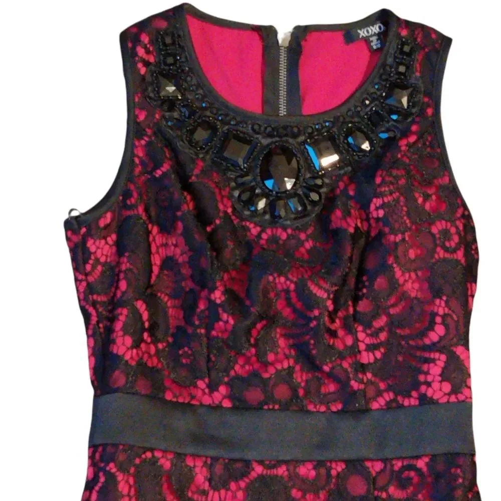 XOXO Red Black Lace Beaded Dress